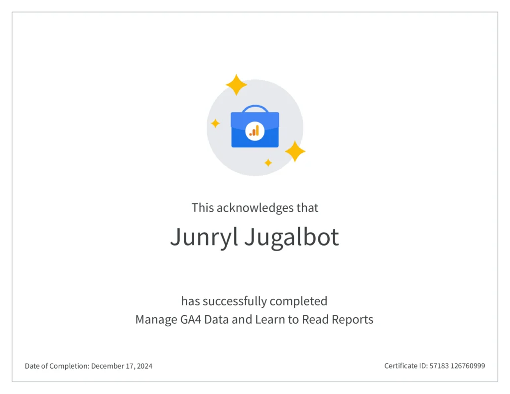 Certificate of Training from Google Analytics 4 Manage Data and Learn to Read Reports